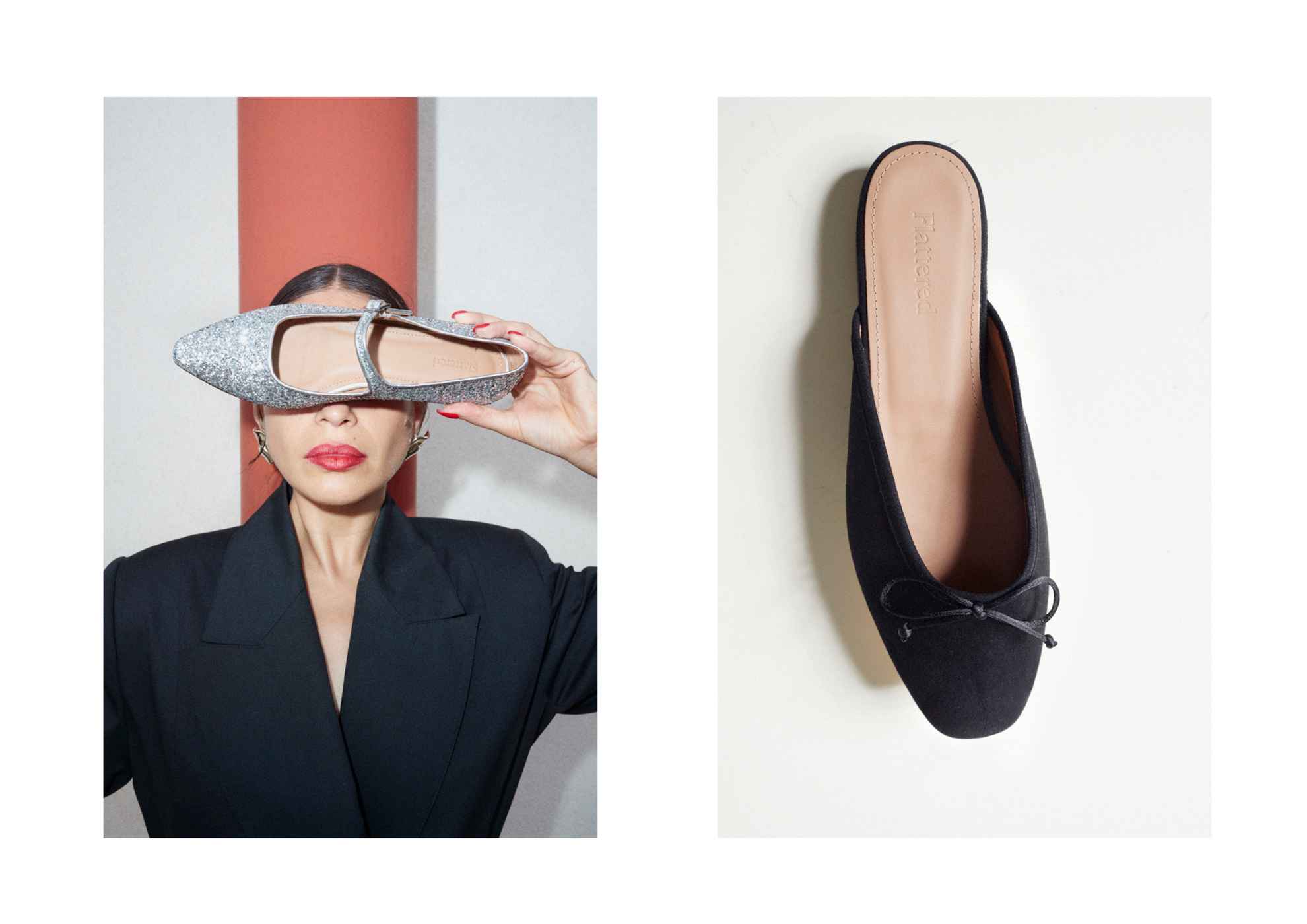 Twee afbeeldingen. Eén met een vrouw die een schoen voor haar ogen houdt en één met een zwarte ballerinaschoen op een witte ondergrond.