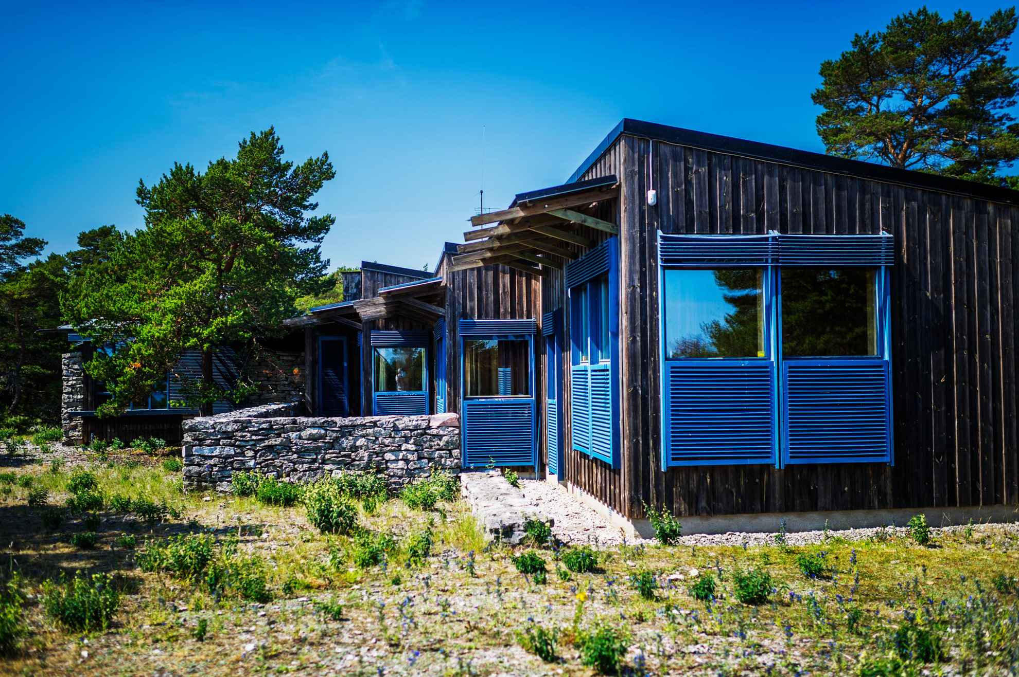 Het huis van Ingmar Bergman, een gebouw van één verdieping met veel ramen en blauwe luiken. Het ligt in een landelijke omgeving.