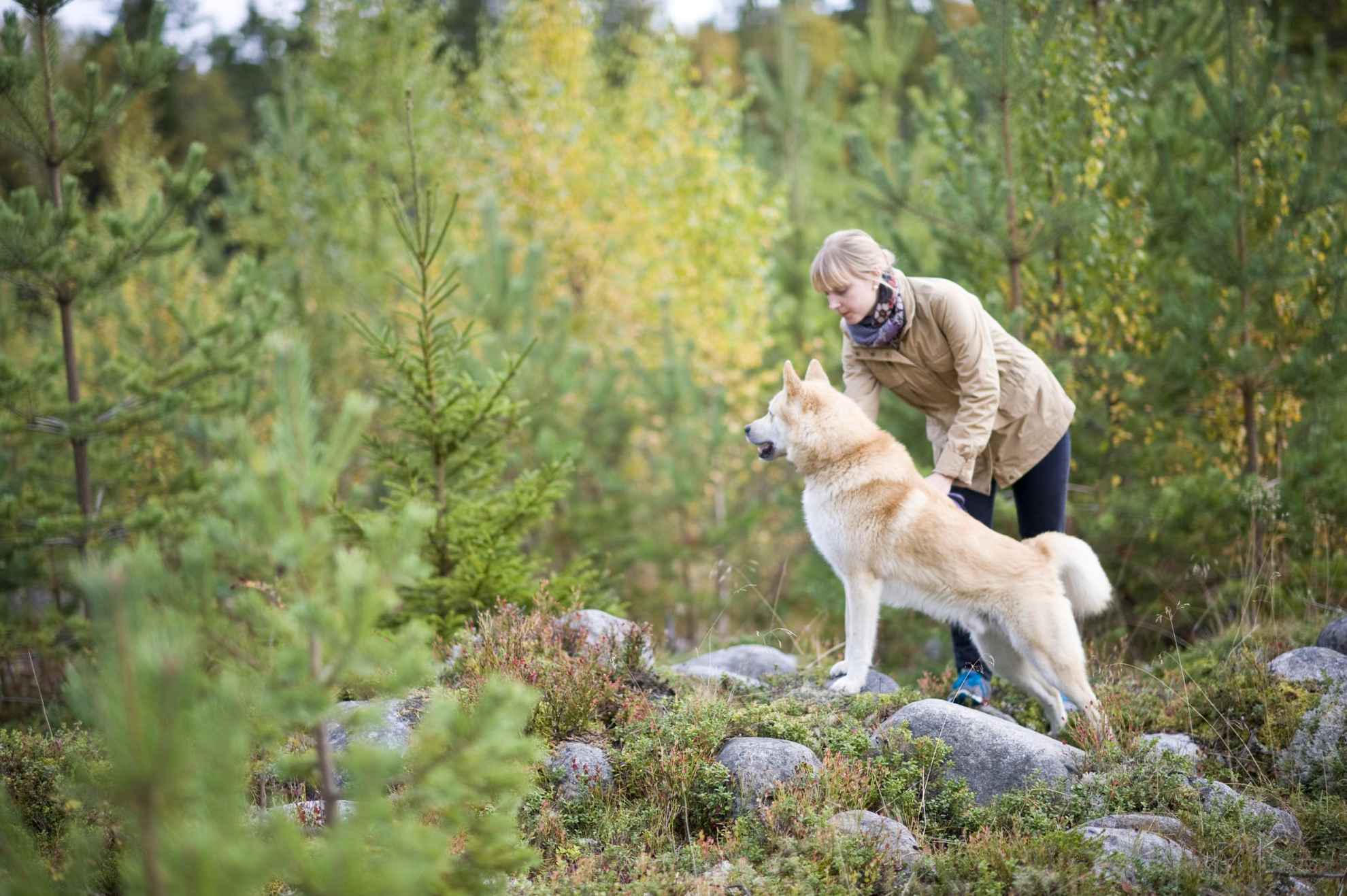 Een vrouw wandelt met haar hond in de natuur.