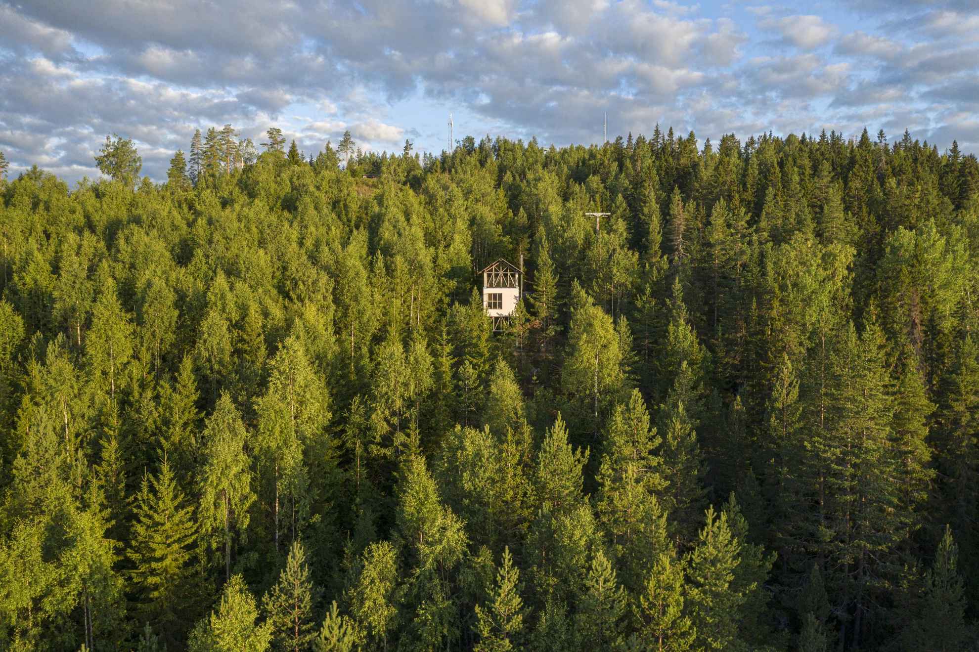 Luchtfoto van bos en een minimalistisch huisje, midden in de natuur, met een houten structuur en een open loft met uitzicht op de bergen en het bos van Hälsingland.