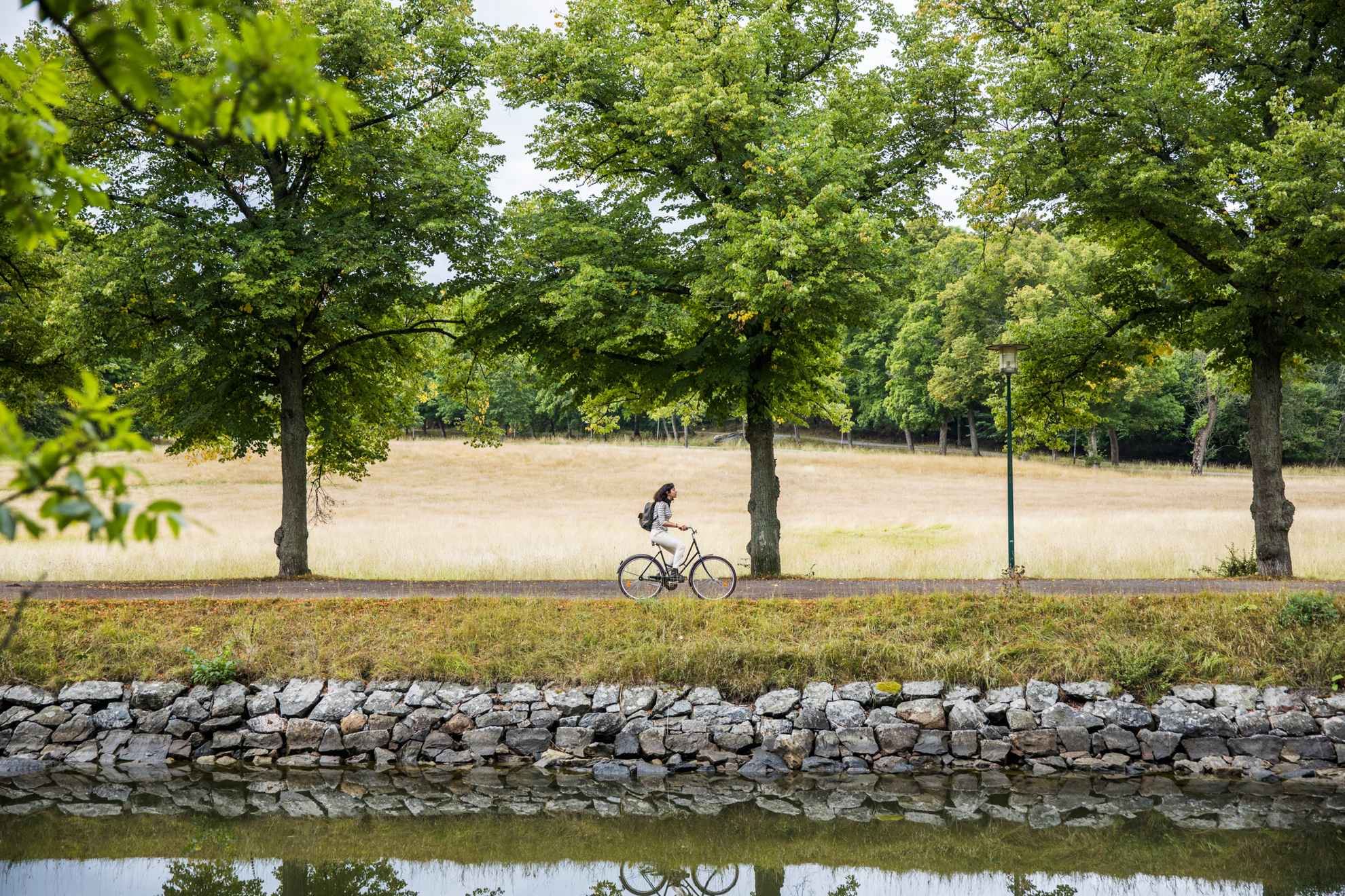 Een vrouw fietst langs een kanaal bij het park Djurgården. Langs de weg staan bomen en een weiland.
