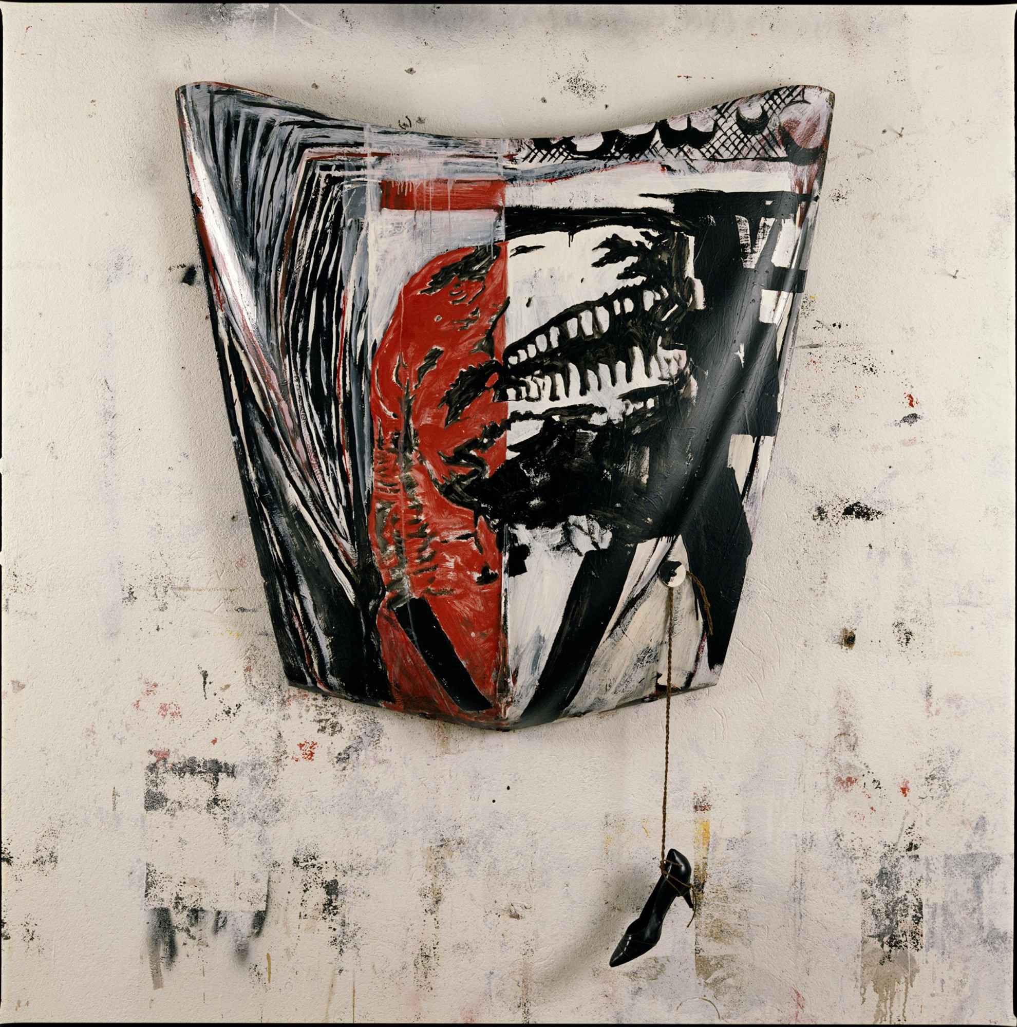 A painting of a dinosaur head in black,white and red, called ‘Terror Blues’ made by the artist Kent Karlsson.