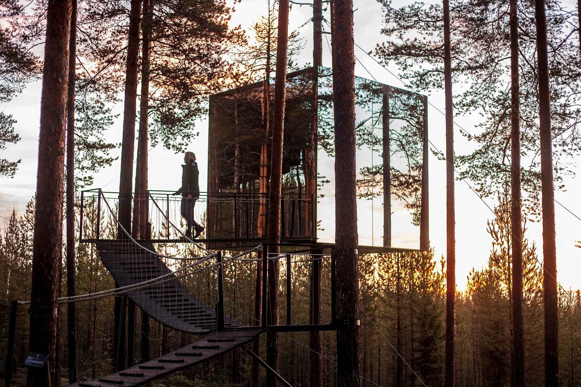 Een boomhotel van spiegelglas, in de zonsondergang in Zweeds Lapland.