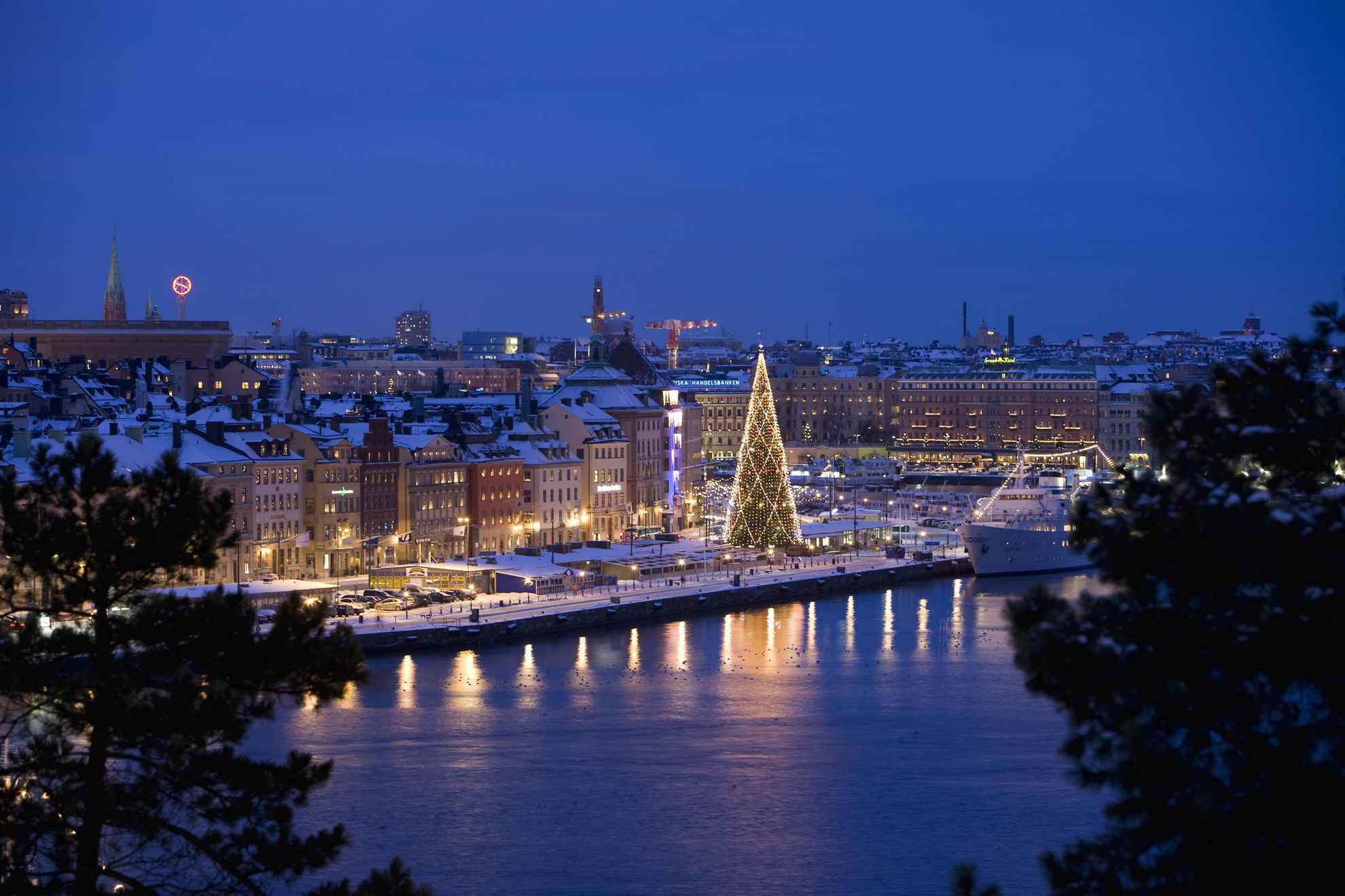 Een luchtfoto van winters Stockholm met een grote kerstboom langs het water.