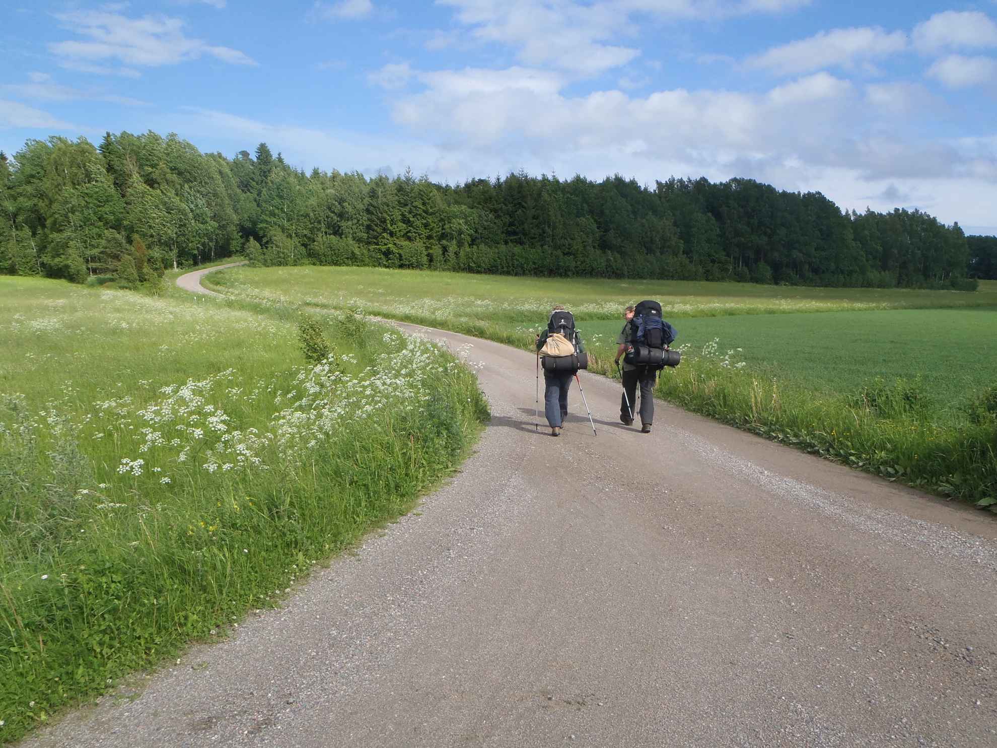 Twee mensen met grote rugzakken lopen over een grindweg omgeven door grasvelden.