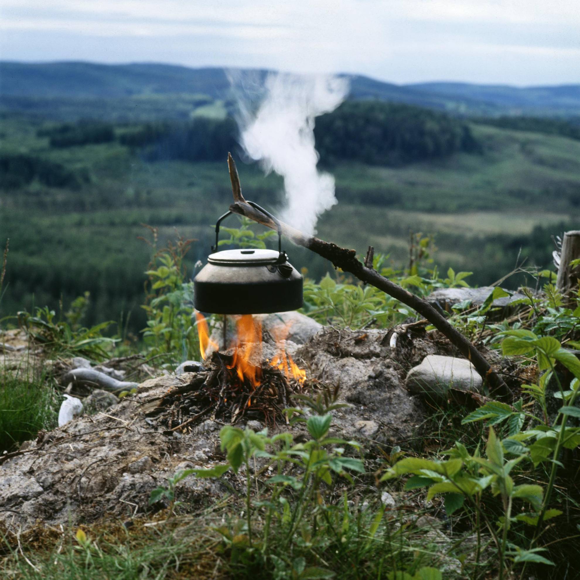 Een waterketel hangt boven een open vuur, in de natuur.