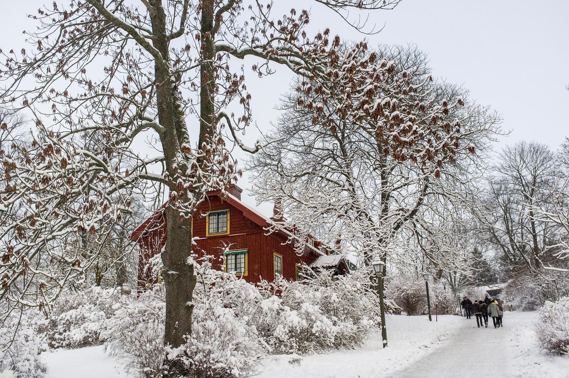Een wit sneeuwlandschap met een rood houten huisje, bomen en enkele wandelaars op de achtergrond.