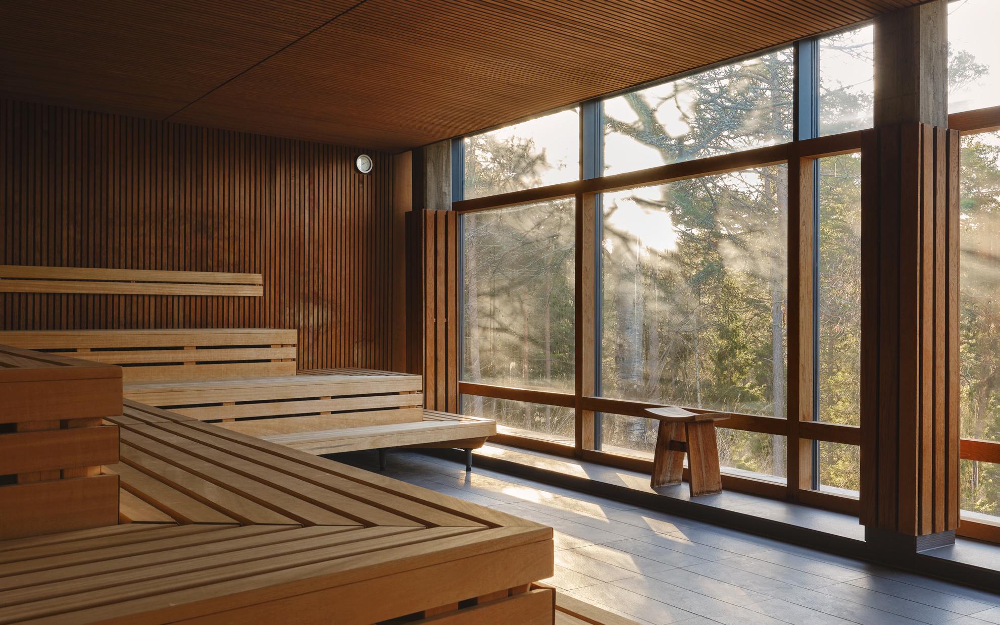 Een houten droge sauna met grote panoramische ramen met uitzicht op het bos.