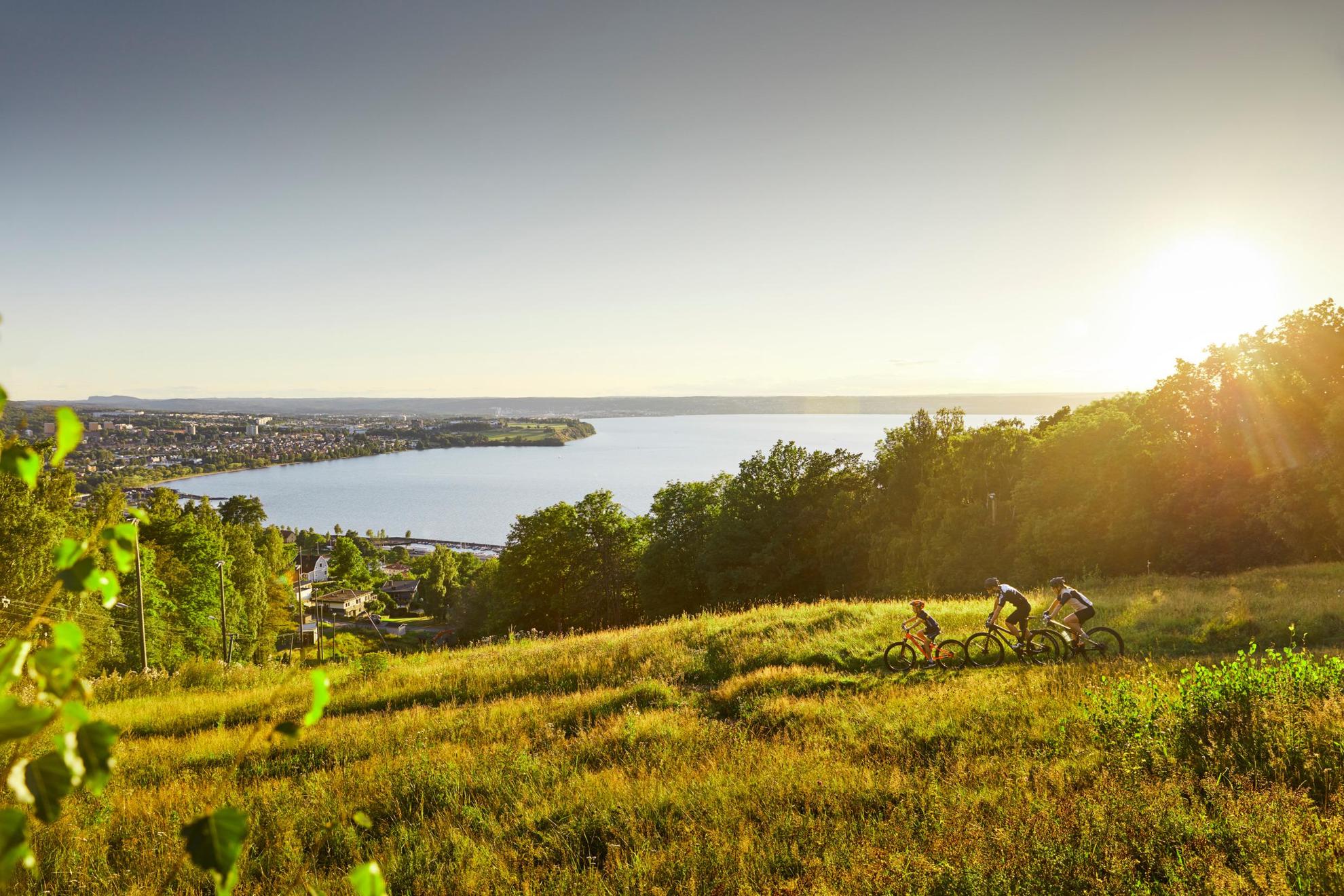 Mensen fietsen op een heuvel in Zweden, met uitzicht over huizen, bos en een meer.