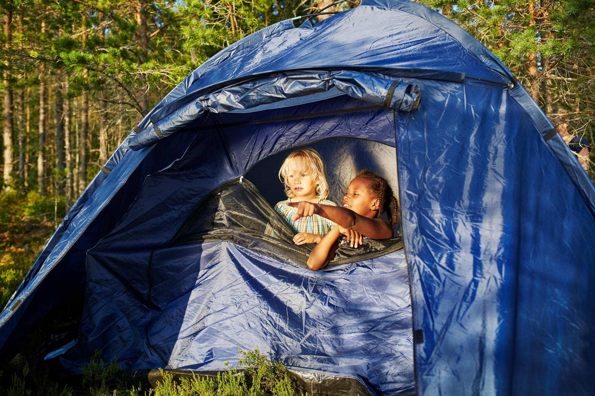 Twee kindjes kijken door de rits van een blauwe tent die in een bosrijke omgeving staat.