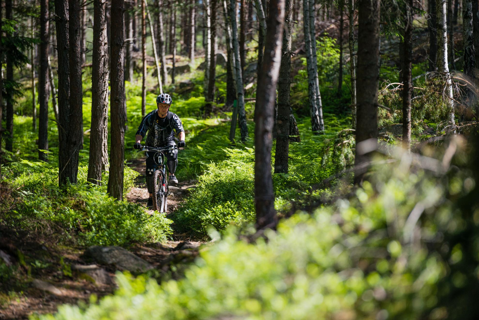 Een man met een helm rijdt op een mountainbike door een weelderig bos.