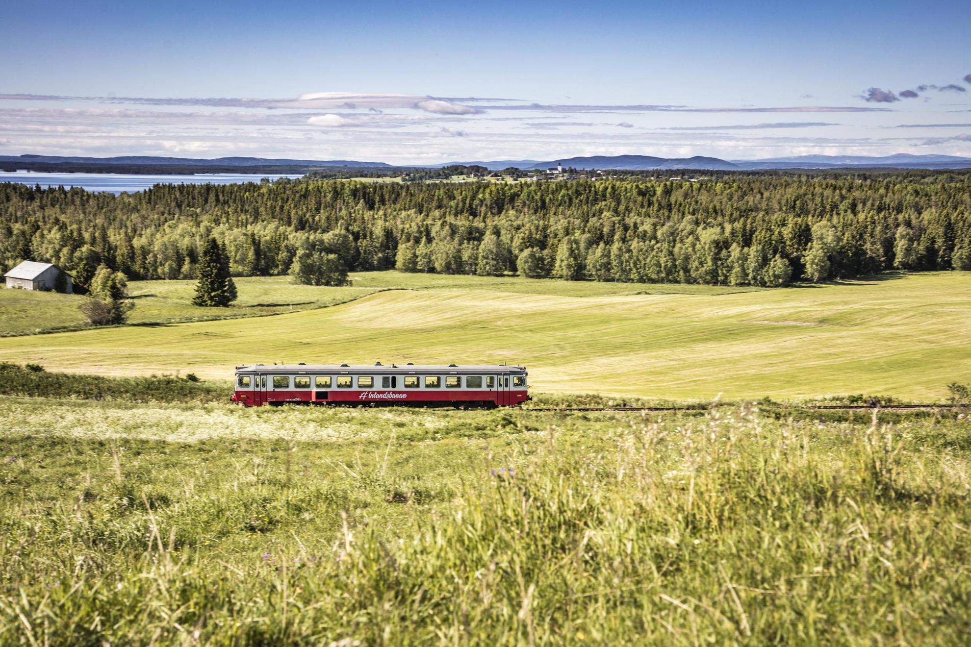 Een trein die door een landschap van velden, bossen, water en bergen rijdt.