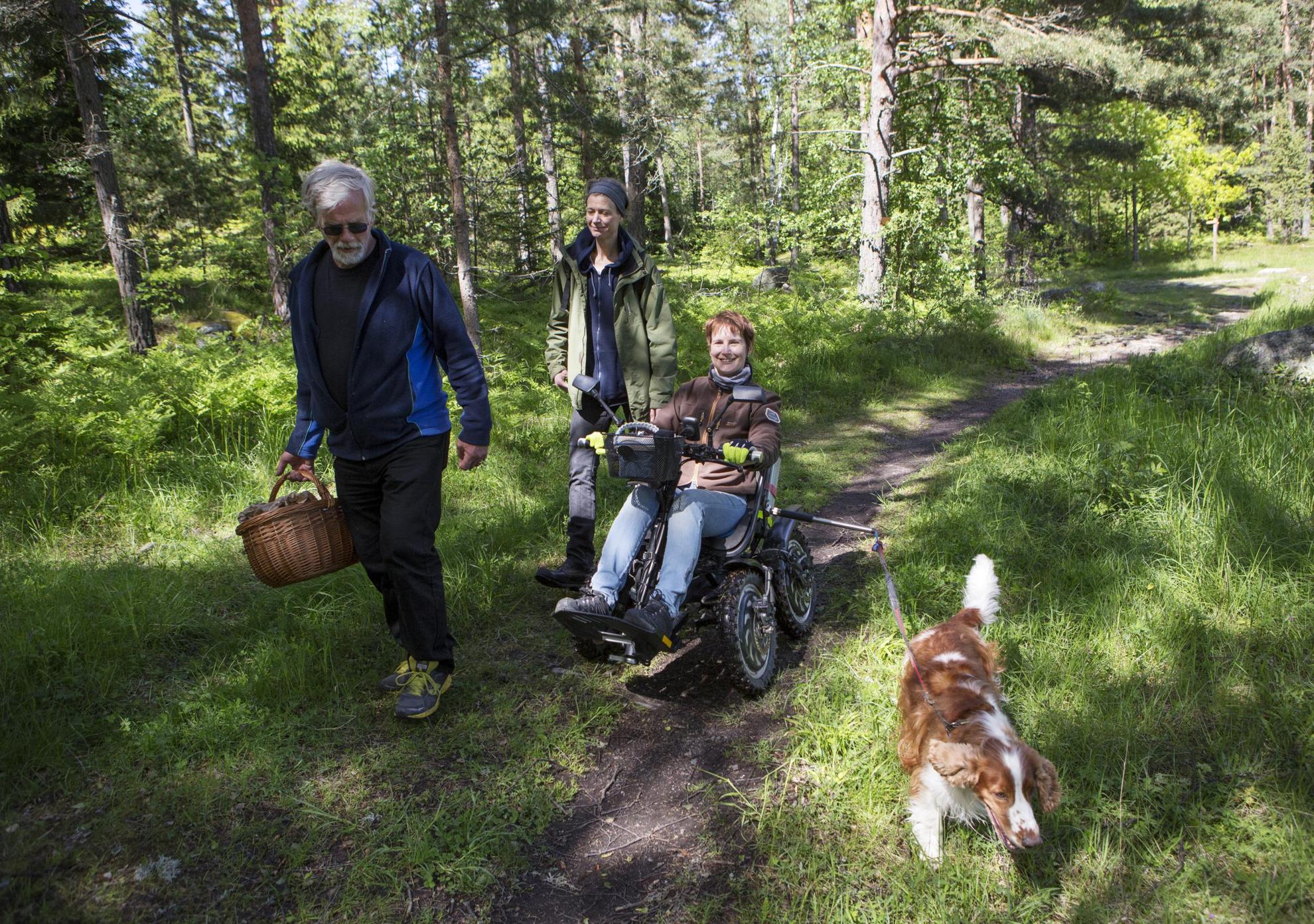 Een man wandelt voorop in het bos met een mandje in zijn handen. Achter hem zijn twee dames, waarvan iemand in een elektrische vierwieler zit. Een hond loopt in de berm.