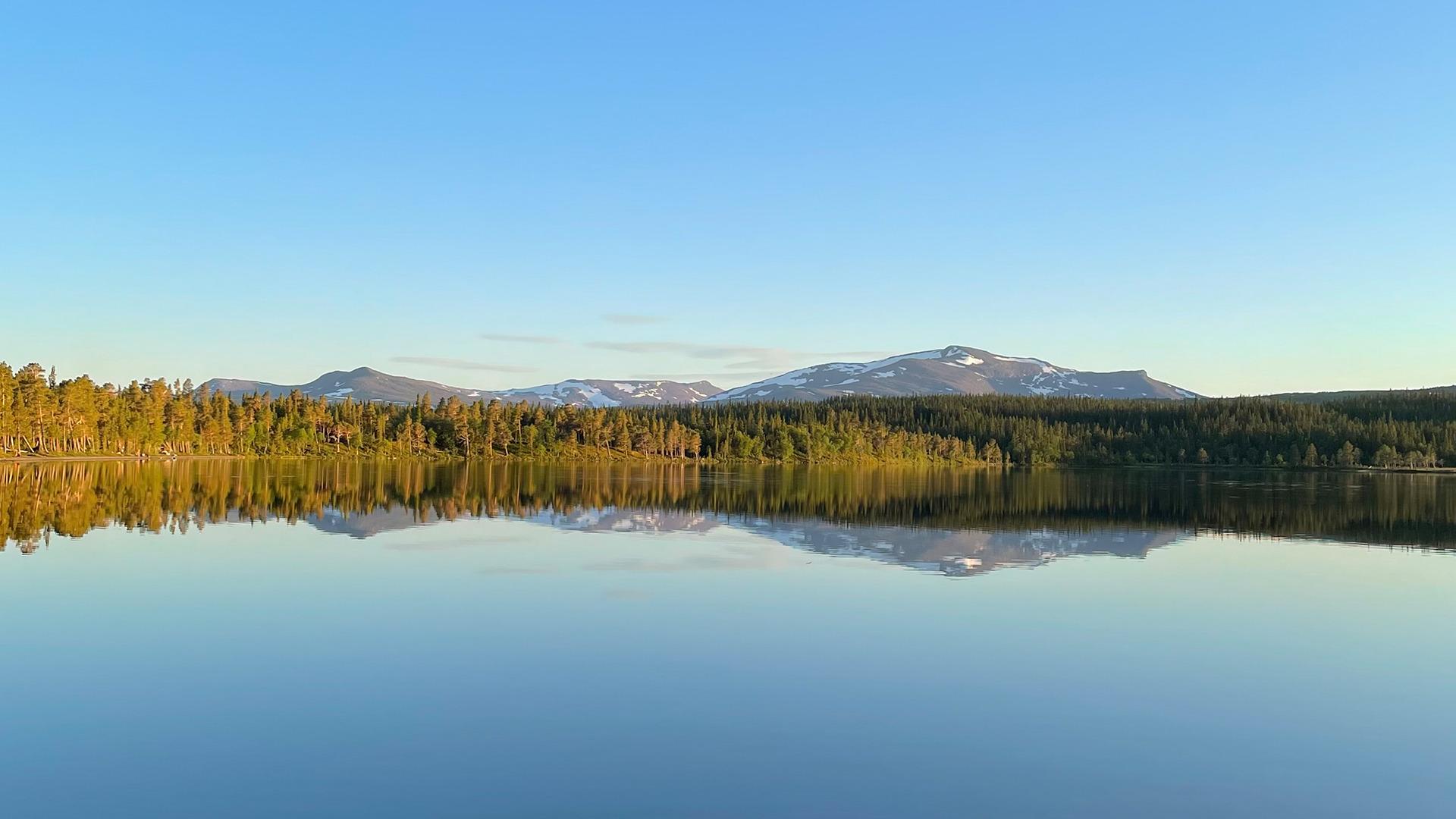 Het water in het Nulltjärn-meer is kalm en weerspiegelt de blauwe lucht en het omliggende bos en de bergen.