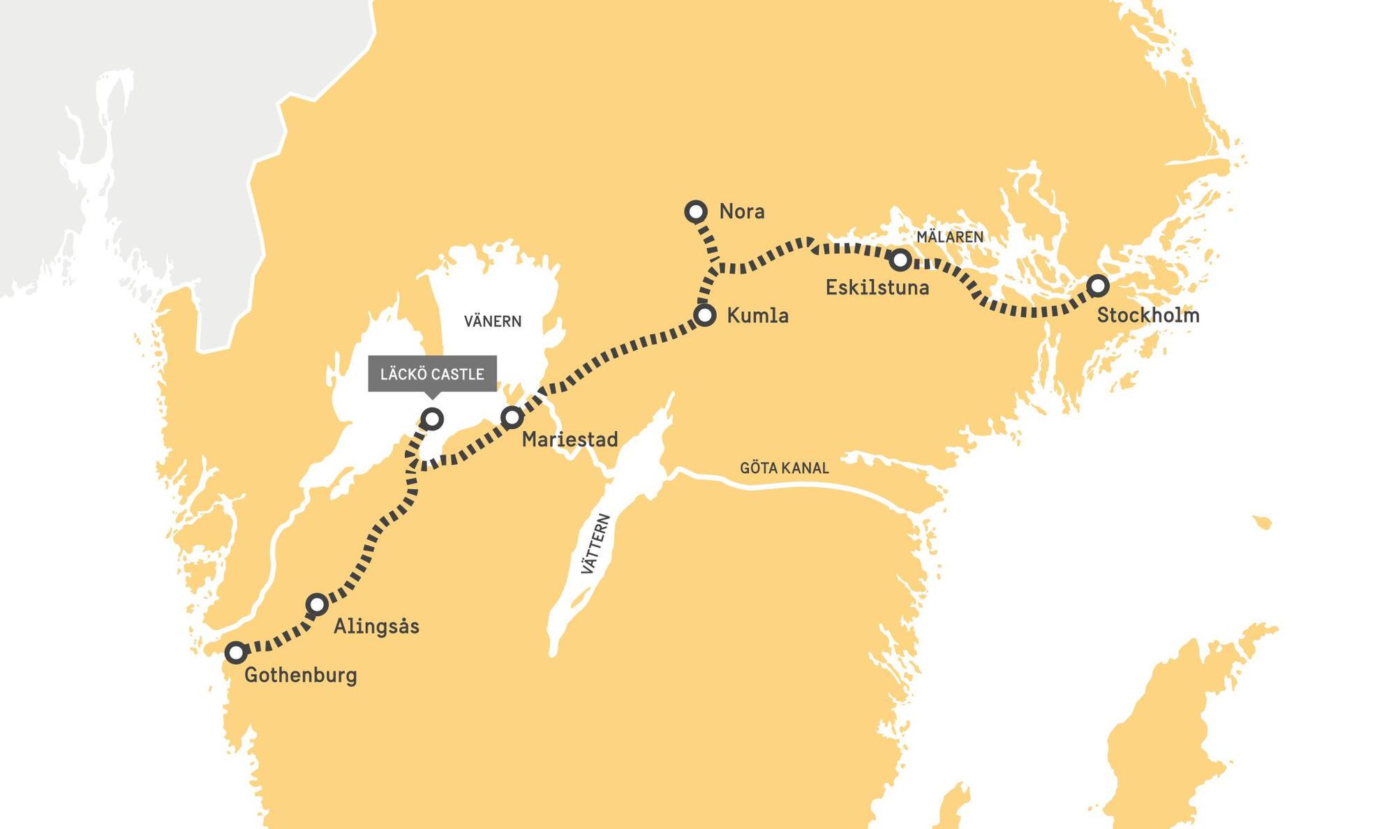 Illustratie van een route tussen Göteborg en Stockholm