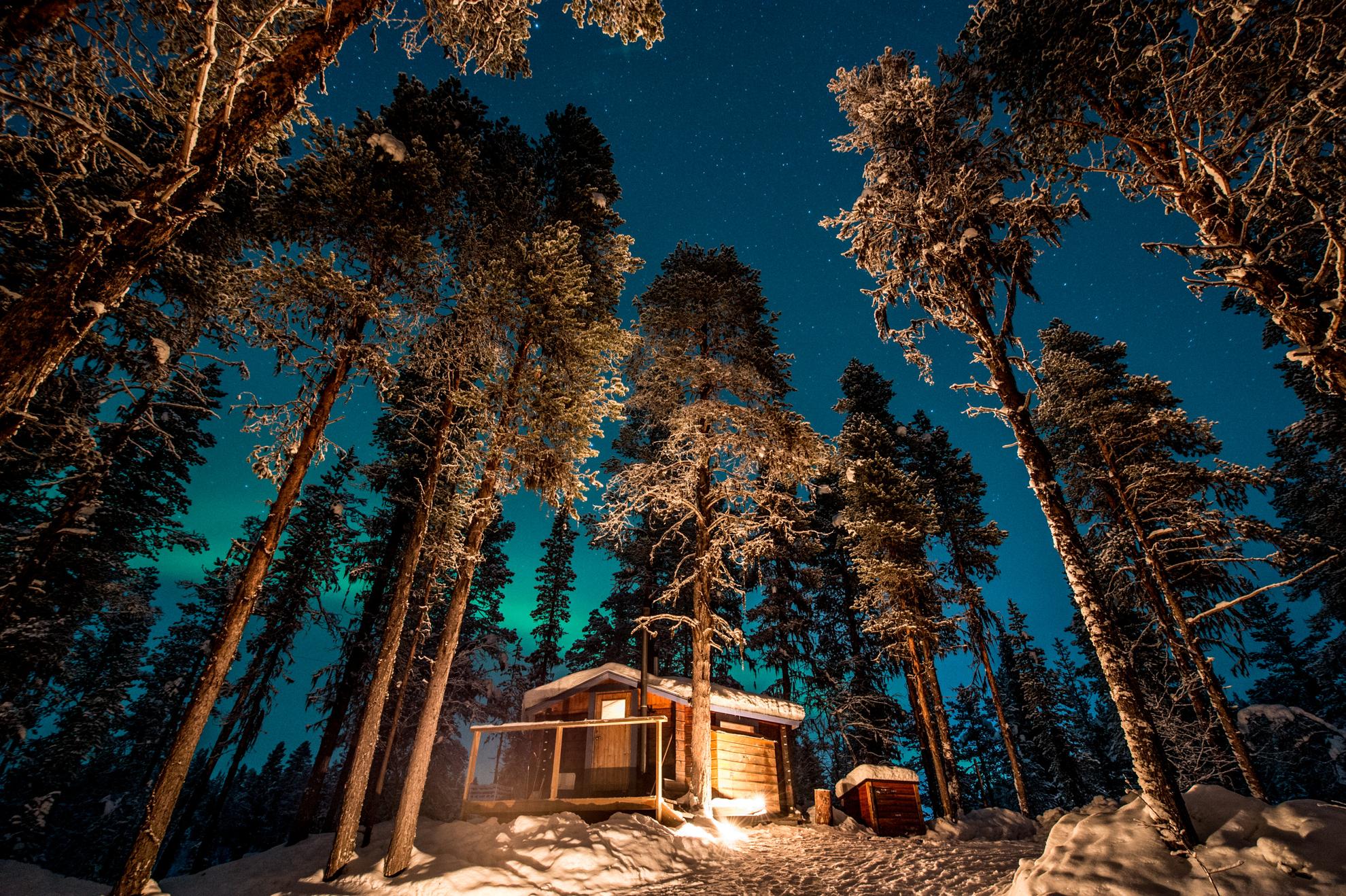 Een houten hut staat in een besneeuwd bos. Op de achtergrond zie je het noorderlicht.